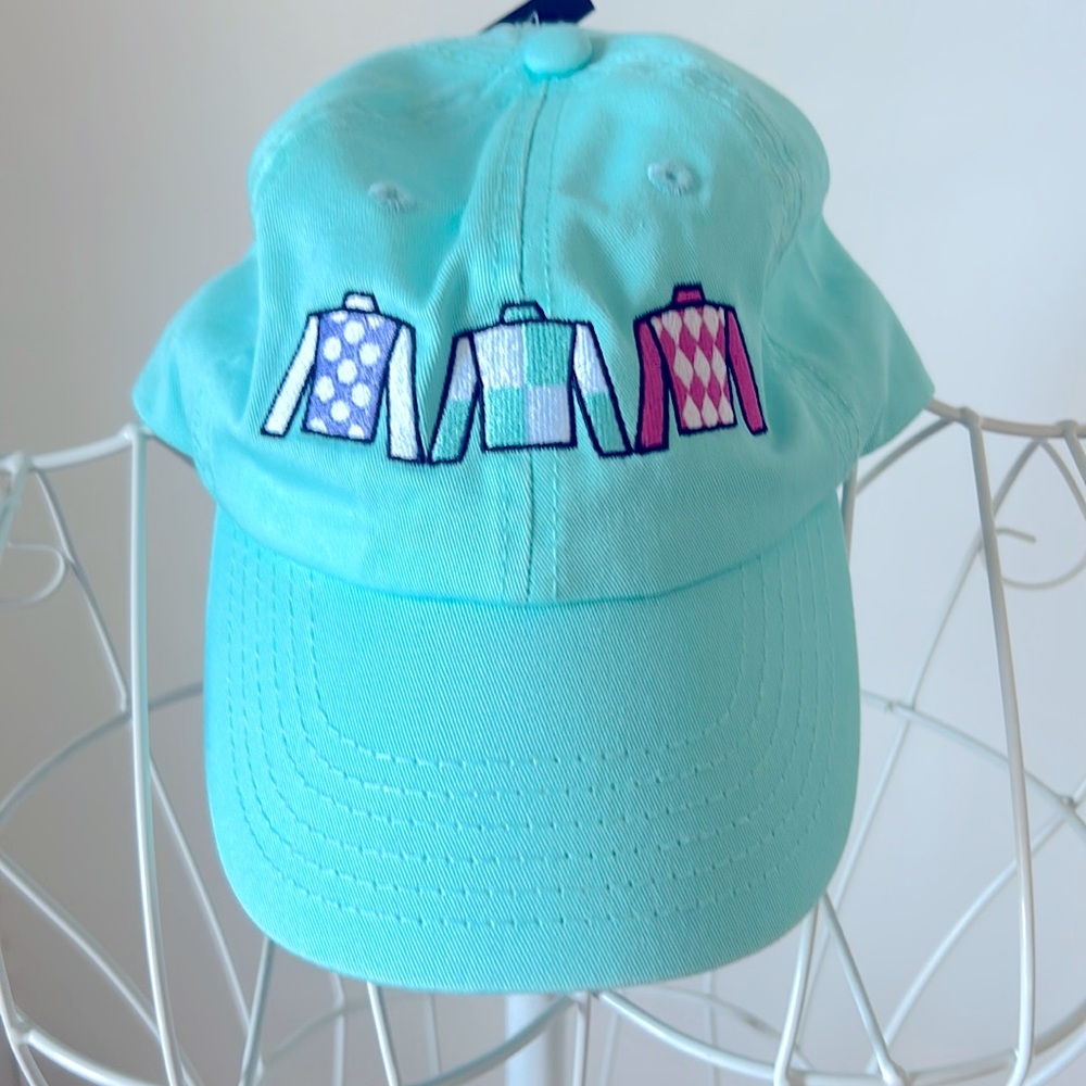 Turquoise jockey jersey themed adjustable baseball cap,
